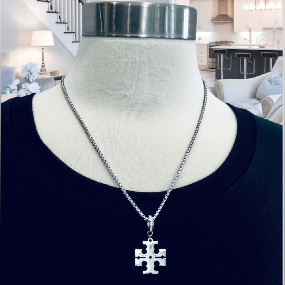 TORY BURCH STATEMENT SILVER DOUBLE T LOGO NECKLACE
